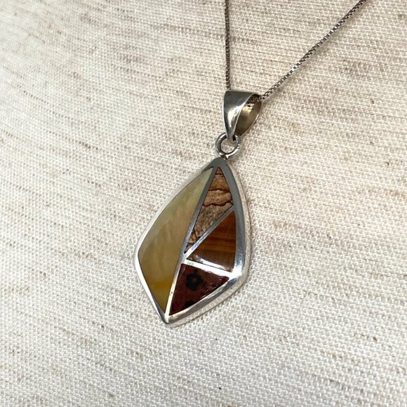 Sterling Silver 925 Mother Of Pearl Jasper Tigers Eye Inlay Pendants Necklace - Picture 12 of 16
